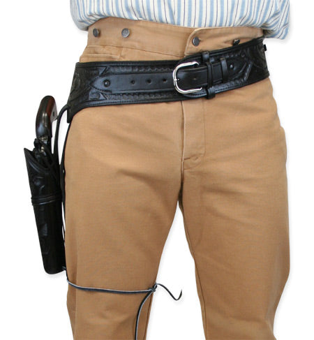(.44/.45 cal) Western Gun Belt and Holster - RH Draw (Long Barrel) - Black Tooled Leather