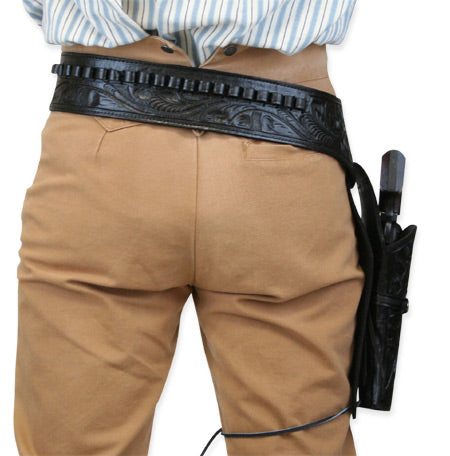 (.44/.45 cal) Western Gun Belt and Holster - RH Draw (Long Barrel) - Black Tooled Leather
