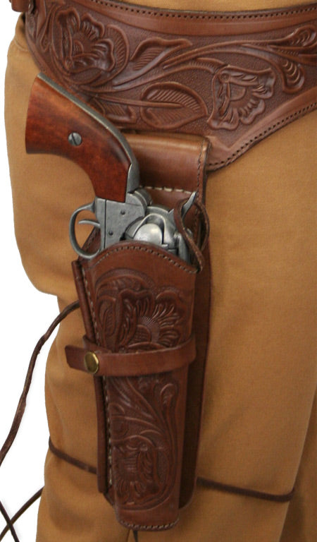 (.44/.45 cal) Western Gun Belt and Holster - RH Draw - Chocolate Brown Tooled Leather