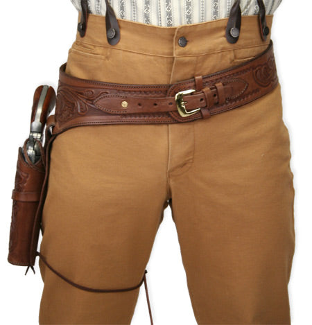 (.44/.45 cal) Western Gun Belt and Holster - RH Draw - Chocolate Brown Tooled Leather