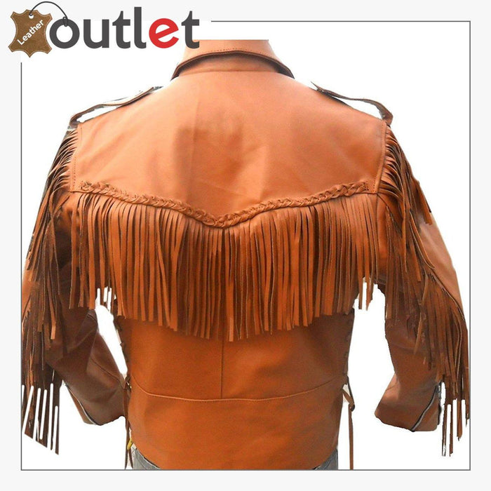 Back view of the western style leather jacket showing panel construction and seams