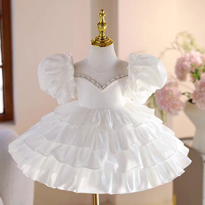 White Baby Girl Dress Toddler Kids 1st Birthday Party Gown J778