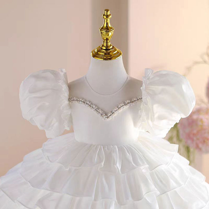 White Baby Girl Dress Toddler Kids 1st Birthday Party Gown J778