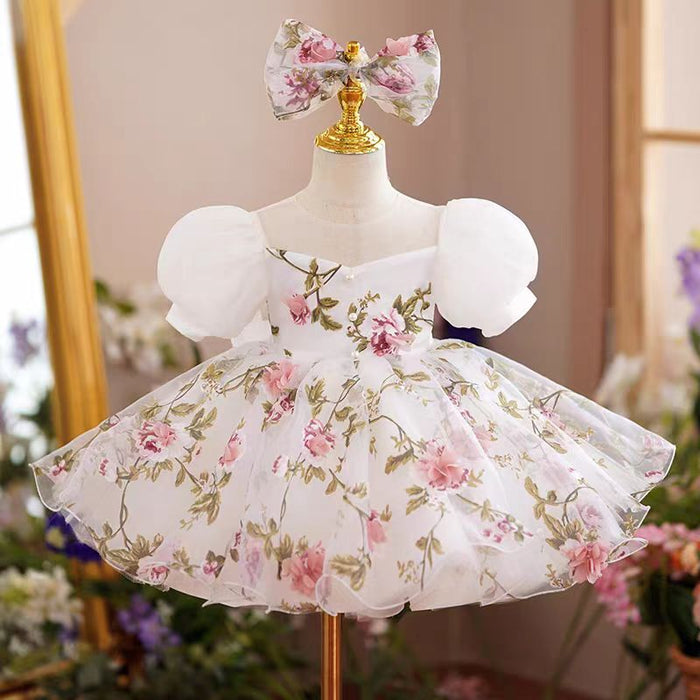 White Floral Bowed Girl Dress for Kids Birthday Party J426