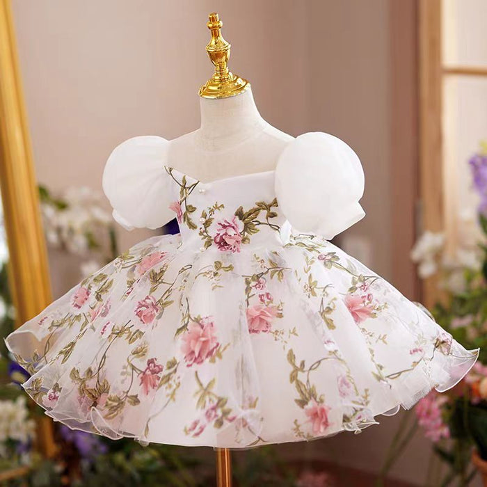 White Floral Bowed Girl Dress for Kids Birthday Party J426