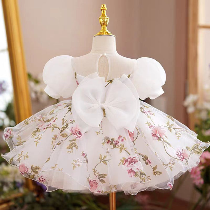 White Floral Bowed Girl Dress for Kids Birthday Party J426
