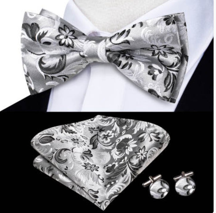 White Grey Floral Silk Pre-tied Bow Tie Hanky Cufflinks Set-LH-2522 - SimonVon Shop