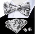White Grey Floral Silk Pre-tied Bow Tie Hanky Cufflinks Set-LH-2522 - SimonVon Shop