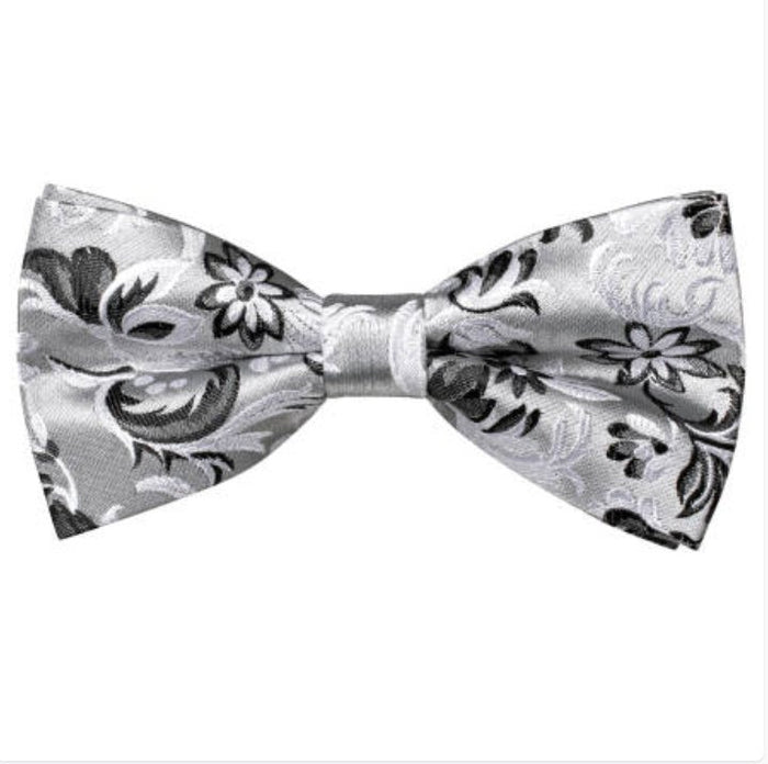 White Grey Floral Silk Pre-tied Bow Tie Hanky Cufflinks Set-LH-2522 - SimonVon Shop