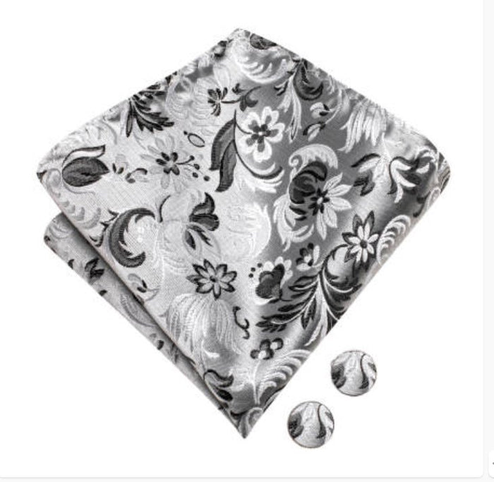 White Grey Floral Silk Pre-tied Bow Tie Hanky Cufflinks Set-LH-2522 - SimonVon Shop