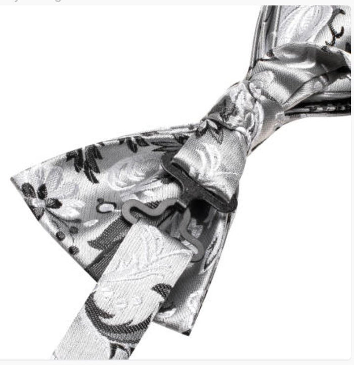 White Grey Floral Silk Pre-tied Bow Tie Hanky Cufflinks Set-LH-2522 - SimonVon Shop