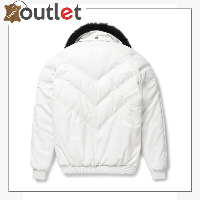 Side view of the white leather V bomber jacket showing tapered waist and quilted lining