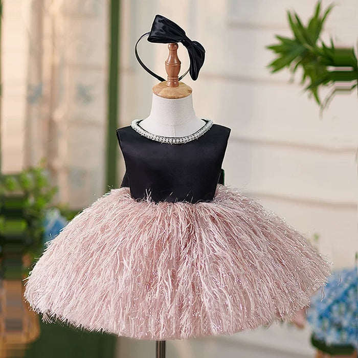 White Pink Girl Dress Feathery Toddler 1st Birthday Party J420