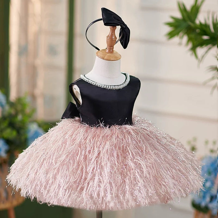 White Pink Girl Dress Feathery Toddler 1st Birthday Party J420