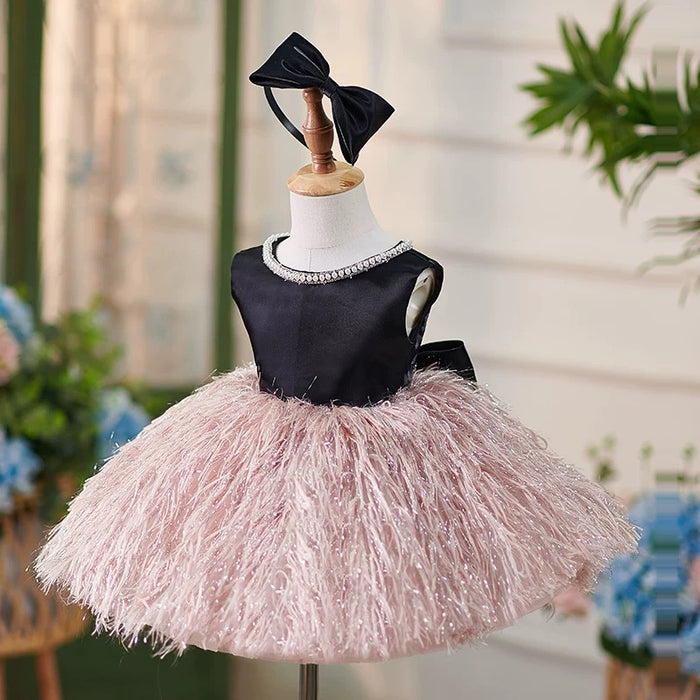 White Pink Girl Dress Feathery Toddler 1st Birthday Party J420