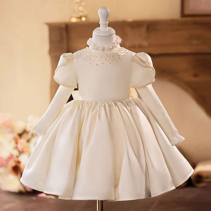 White Satin Girl Dress Toddler Kids 1st Birthday Party First Communion Gown J488