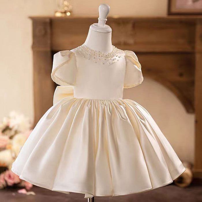 White Satin Girl Dress Toddler Kids 1st Birthday Party First Communion Gown J488