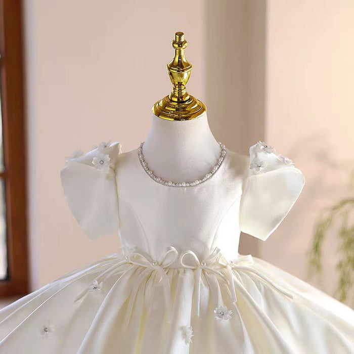 White Satin Girl Dress Toddler Kids 1st Wedding Birthday Party Prom Gown J485