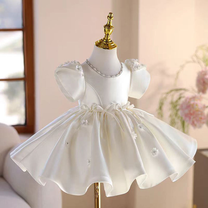 White Satin Girl Dress Toddler Kids 1st Wedding Birthday Party Prom Gown J485