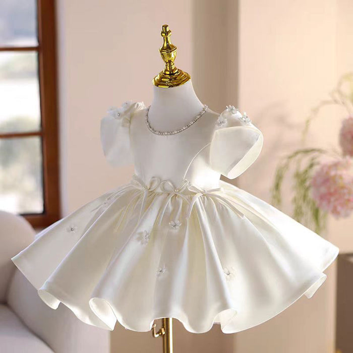 White Satin Girl Dress Toddler Kids 1st Wedding Birthday Party Prom Gown J485