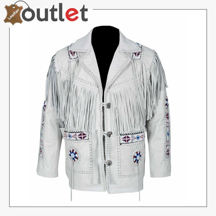 White western style genuine cow leather jacket with pointed chest yokes, front view
