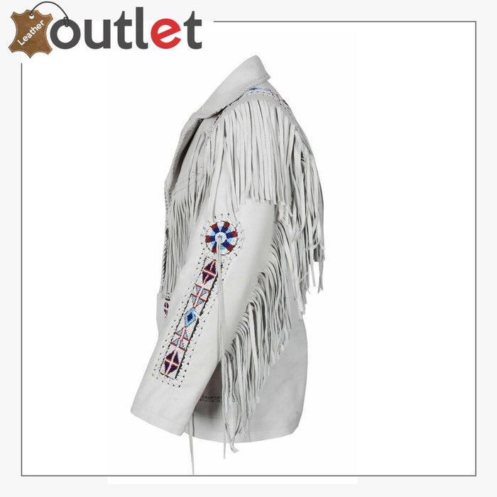 Back view of the white western cowhide jacket showing rear yoke panel