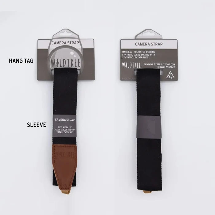 Two Wildtree Smokey Bear logo camera straps, black with brown leather ends, labeled and packaged in branded tag and sleeve.