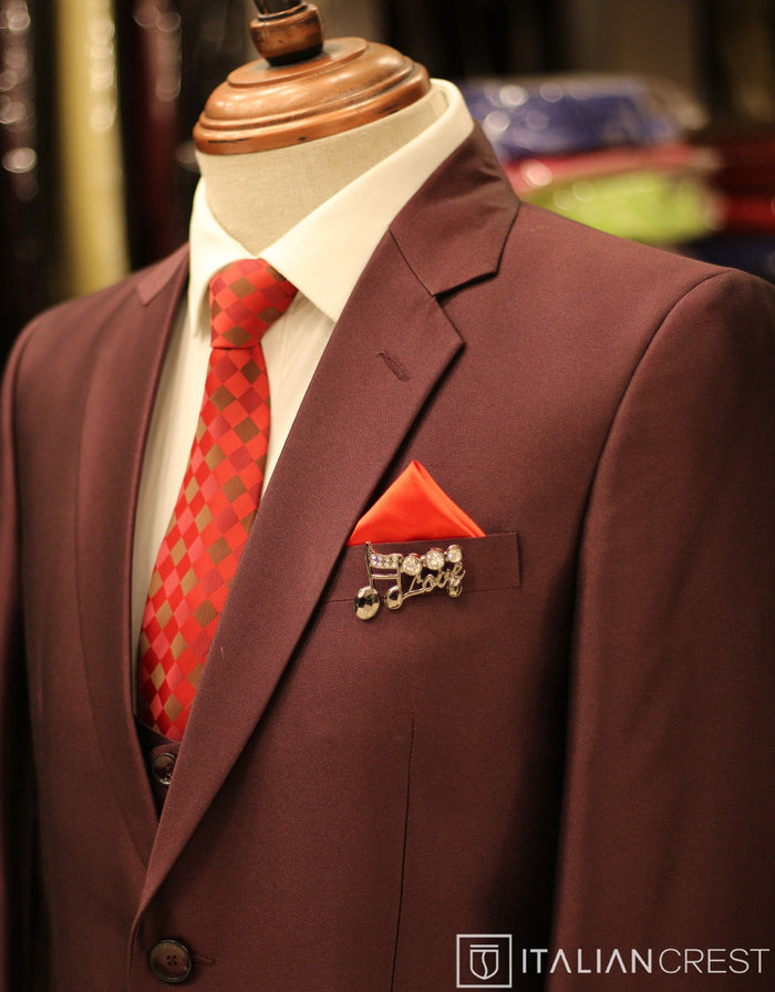 Wine 3-Piece Notch Lapel Suit