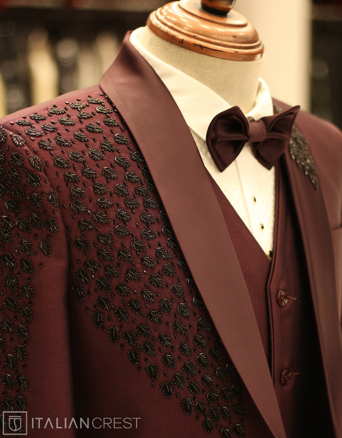 Wine Embroidery Work 3pc Designer Suit