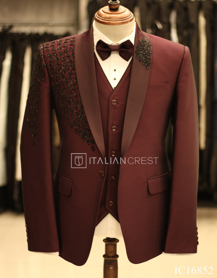 Wine Embroidery Work 3pc Designer Suit