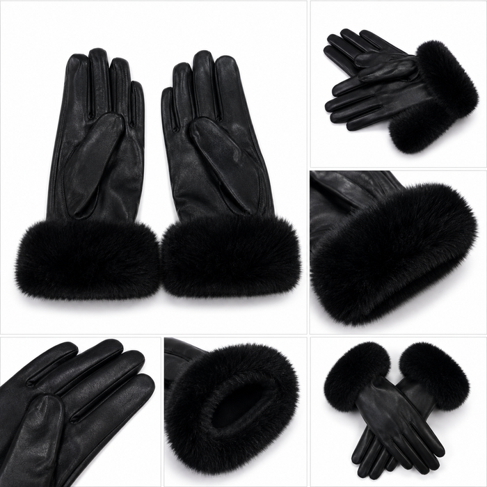 Womans Leather Gloves Black Fur