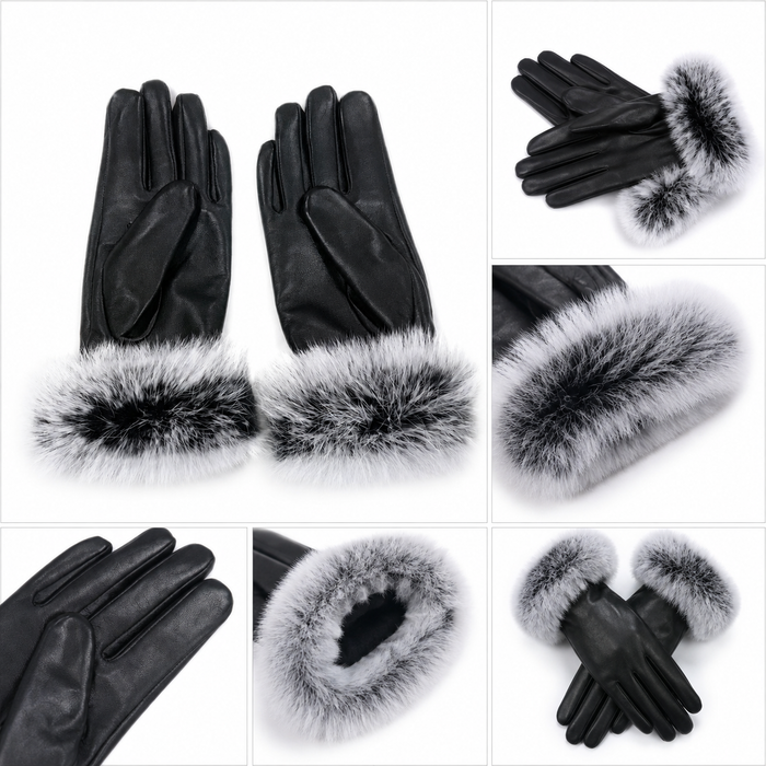 Womans Leather Gloves Grey Fur