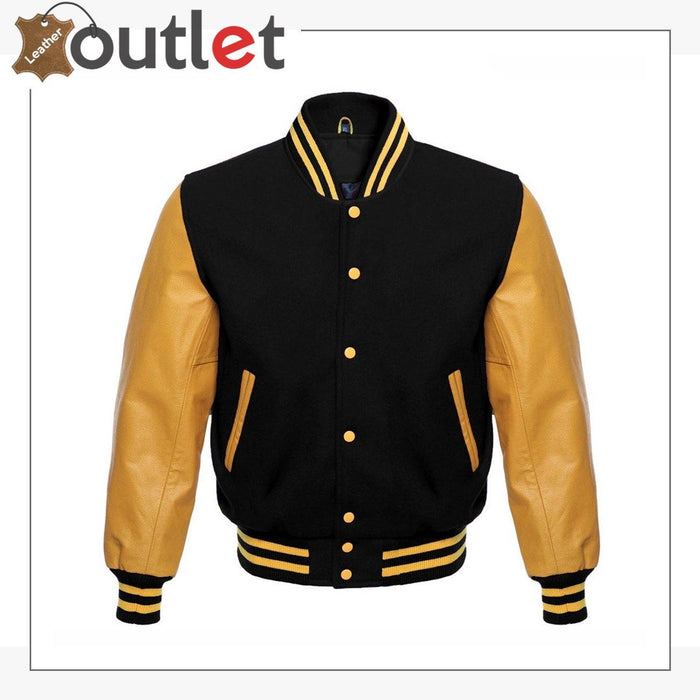 Wool blend baseball varsity jacket with genuine leather sleeves, front view