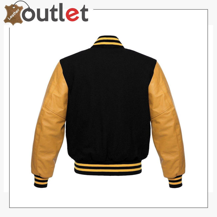 Side view of the wool body varsity jacket showing leather sleeve and ribbed cuff