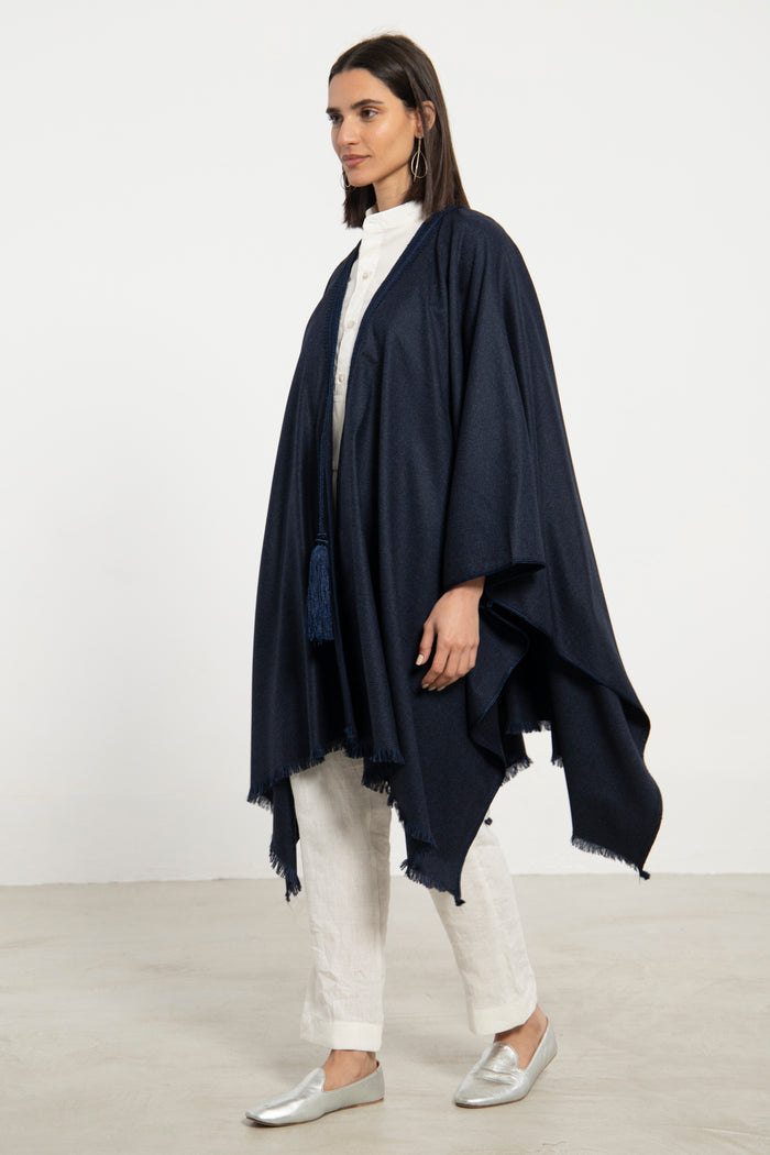 Wool & Cashmere Navy Checks Poncho