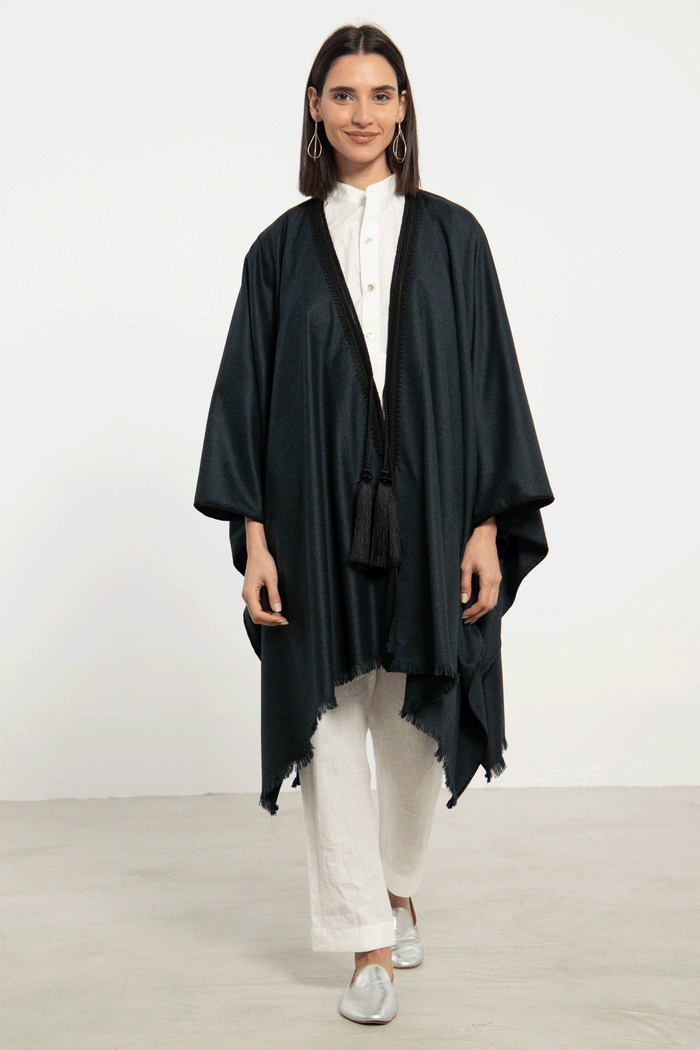 Wool & Cashmere Navy & Green Poncho