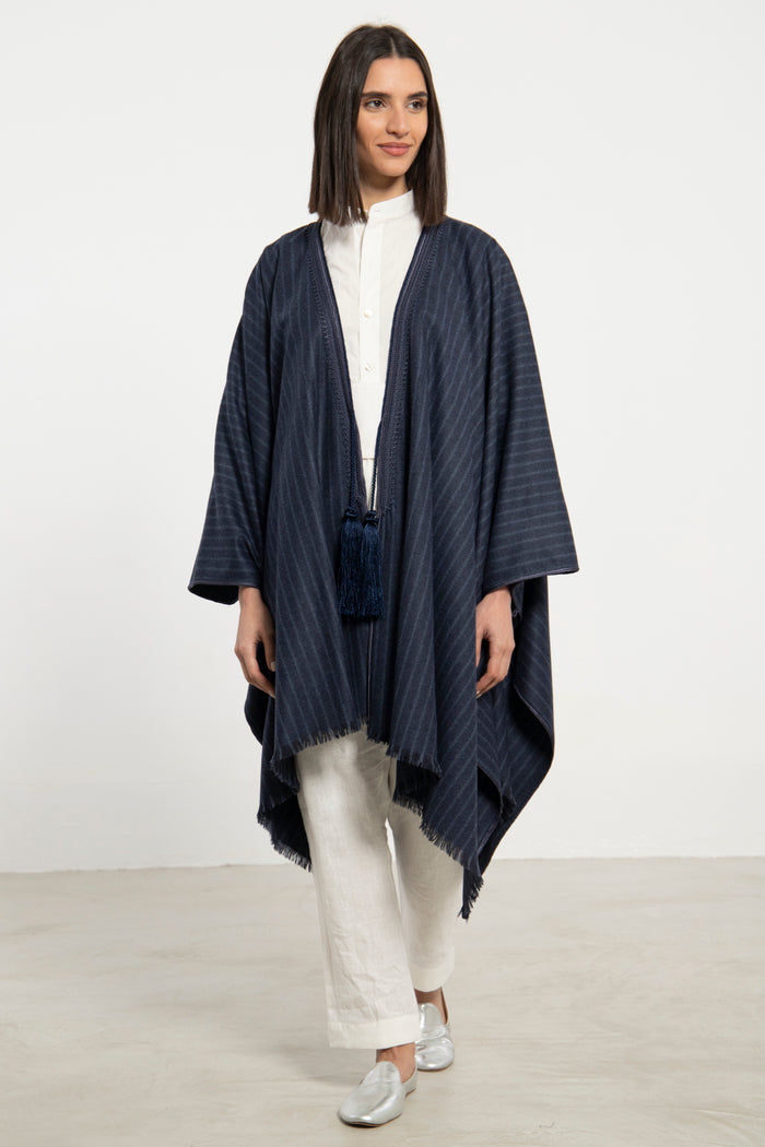 Wool & Cashmere Navy Striped Poncho