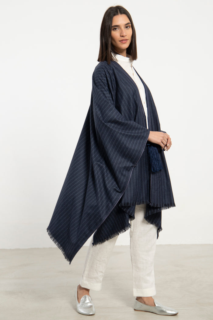 Wool & Cashmere Navy Striped Poncho
