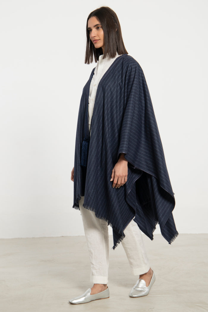 Wool & Cashmere Navy Striped Poncho