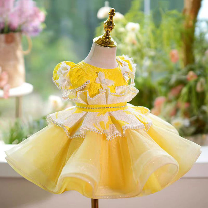 Yellow Flower Girl Dress Princess Kids 1st Birthday Ball Gown J785