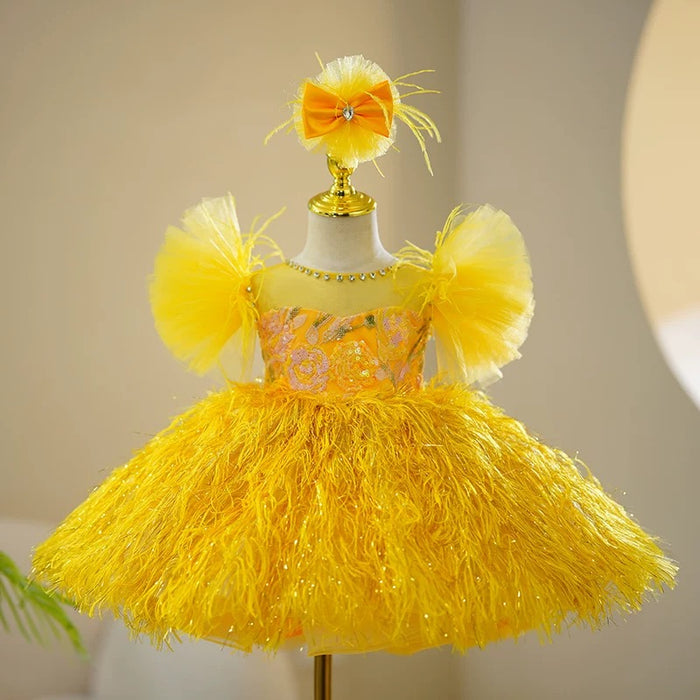 Yellow Girl Dress Feathery Skirt for Kids Birthday Party J424