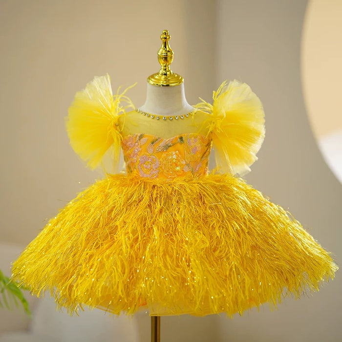 Yellow Girl Dress Feathery Skirt for Kids Birthday Party J424