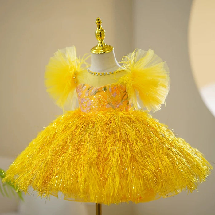 Yellow Girl Dress Feathery Skirt for Kids Birthday Party J424