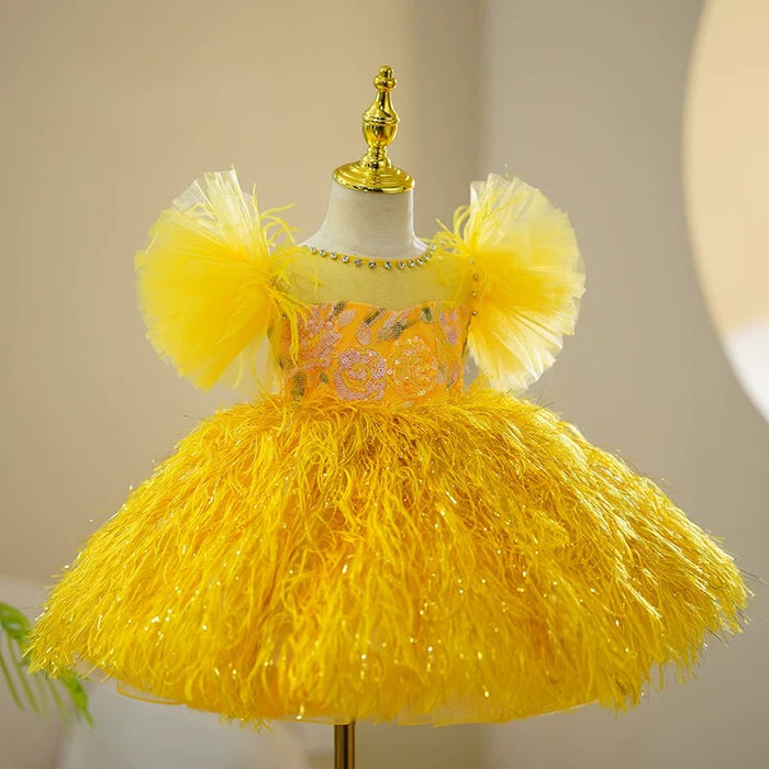 Yellow Girl Dress Feathery Skirt for Kids Birthday Party J424
