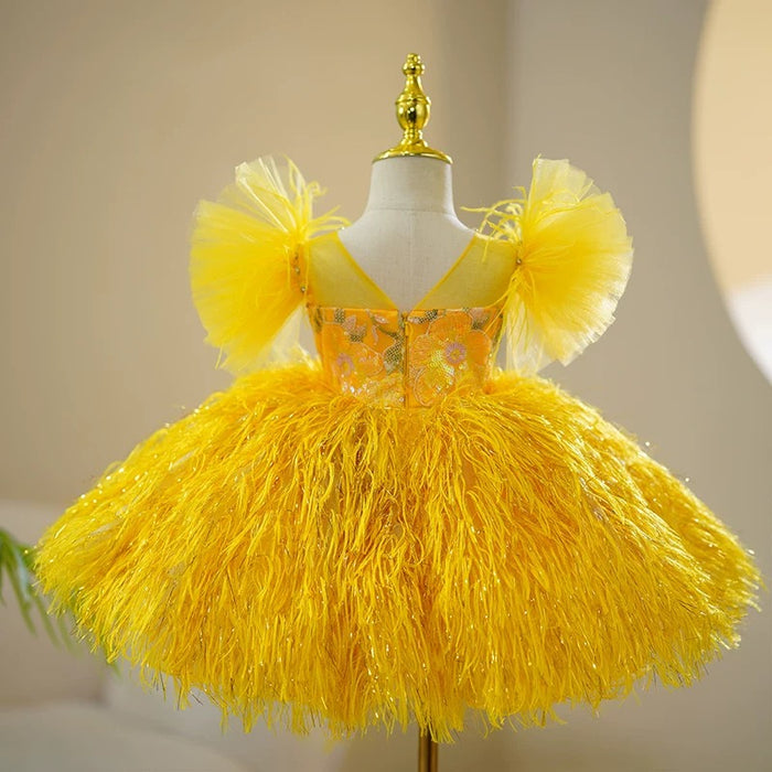 Yellow Girl Dress Feathery Skirt for Kids Birthday Party J424