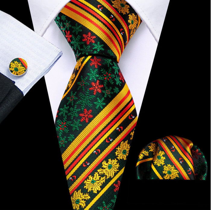 Yellow Green Snowflake Floral Silk Tie Handkerchief Cufflinks Set- N-6542 - SimonVon Shop