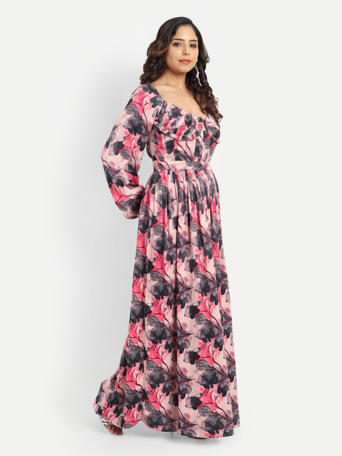Women’s pink floral Zoe dress with long sleeves, flowy maxi fit and elegant stylish design